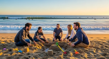 Cinco amigos sonríen mientras construyen