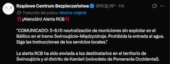 Captura de pantalla de una publicación de red social con texto traducido sobre una alerta de seguridad emitida en Polonia