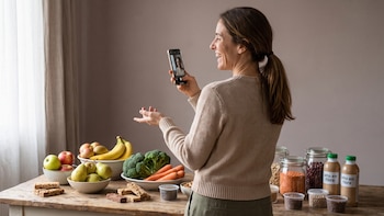 Mujer sonriente graba video con smartphone frente a mesa con manzanas, peras, bananas, brócoli, zanahorias, lentejas, frijoles, semillas, barras de cereal y bebidas.