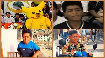 Composición de cuatro fotos: arriba izquierda, un hombre vestido de Pikachu; arriba derecha, un hombre joven; abajo izquierda, un hombre posando con casas al fondo; abajo derecha, el hombre en una moto.