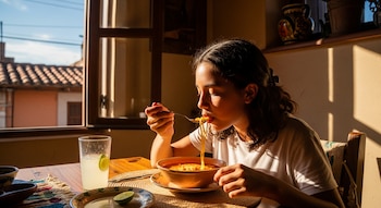 Primer plano de una adolescente comiendo sopa con fideos en un cuenco mientras la luz del sol entra por una ventana abierta.
