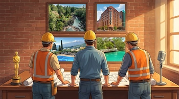 Tres obreros con cascos de espaldas miran planos en una mesa entre una estatuilla dorada y un micrófono, con cuadros de hoteles en la pared.