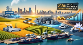 Paisaje económico con campos agrícolas, plantas Vaca Muerta, depósitos de oro y minerales, barcos cargueros en un puerto y gráfico de exportaciones.