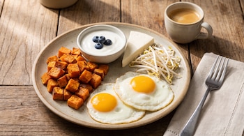 Un plato de desayuno con camote asado, dos huevos fritos, un tazón de yogur con arándanos, queso fresco, brotes de soja, una taza de café y un tenedor.