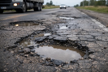 Carretera asfaltada con profundos baches llenos de agua. Un camión y otros vehículos transitan en segundo plano a lo lejos.