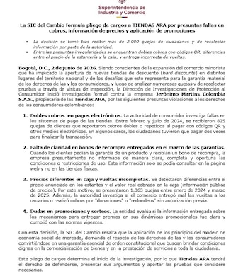 La Superintendencia de Industria y Comercio (SIC) anunció la apertura de una investigación formal contra Jerónimo Martins Colombia S.A.S., propietaria de Tiendas ARA, por presuntas irregularidades relacionadas con cobros, precios y promociones - crédito Superintendencia de Industria y Comercio