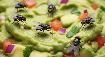 Primer plano de varias moscas sobre guacamole con trozos de tomate, cebolla y cilantro visibles.