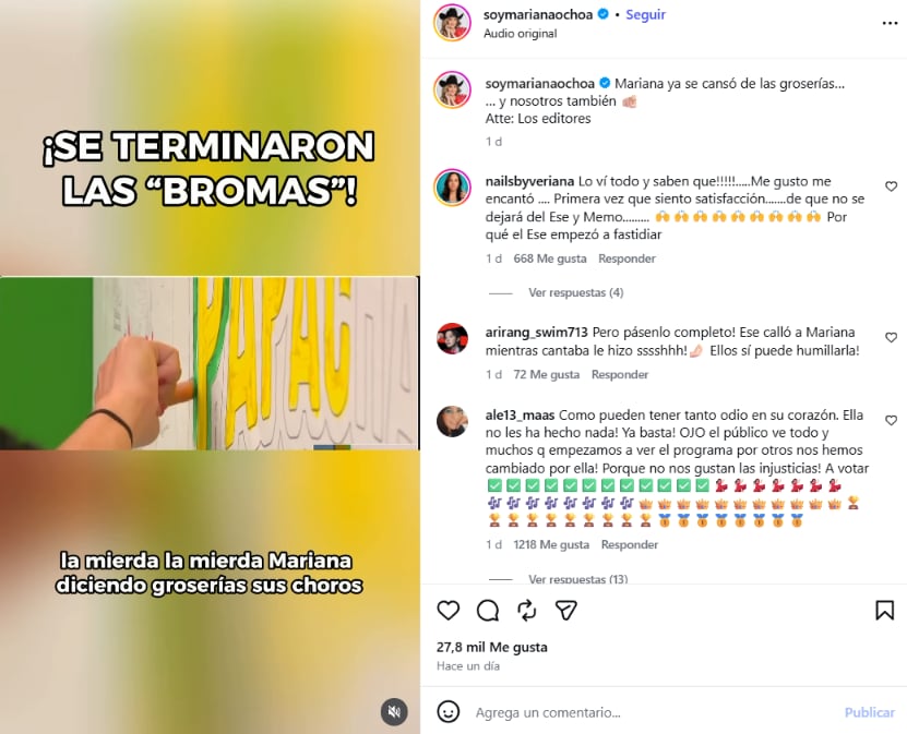 Los encargados de las redes sociales de Mariana Ochoa compartieron el fragmento de la conversación acompañado de un mensaje en el que cuestionaron los comentarios dirigidos hacia la cantante. (Captura de pantalla )