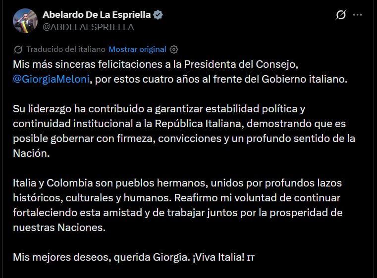 El presidente de Colombia, Abelardo de la Espriella, felicitó a la presidenta del Consejo de Ministros de Italia, Giorgia Meloni - crédito @ABDELAESPRIELLA/X