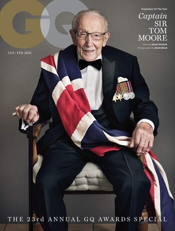 El capitán Tom Moore, nombrado caballero por la Reina Isabel II, aparece en la portada de la revista GQ tras ganar las premiaciones del 2020 en la categoría Inspiración del Año. Conde Nast/Gavin Bond/Handout via REUTERS. Atención editores: esta imagen fue provista por una tercera parte.