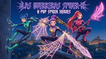 Tres mujeres con trajes de heroína, estilo araña, en colores verde, morado y rojo, posan en tejados con una ciudad nocturna y texto "LAS GUERRERAS SPIDER-K"
