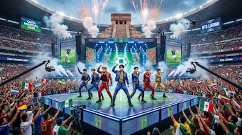 Vista general de un grupo musical "BTS Latino" actuando en un escenario iluminado con pirotecnia en el centro de un estadio de fútbol lleno.