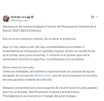 Rodrigo Lara, ministro del Interior, dijo que el PGN de 2027 no es un cheque en blanco - crédito @Rodrigo_Lara_/X