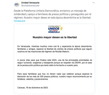 La Plataforma Unitaria Democrática pidió por los presos políticos en Venezuela