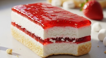 Primer plano de una barra de postre con capas alternas de bizcocho claro, malvavisco blanco y jalea de fresa con semillas visibles.
