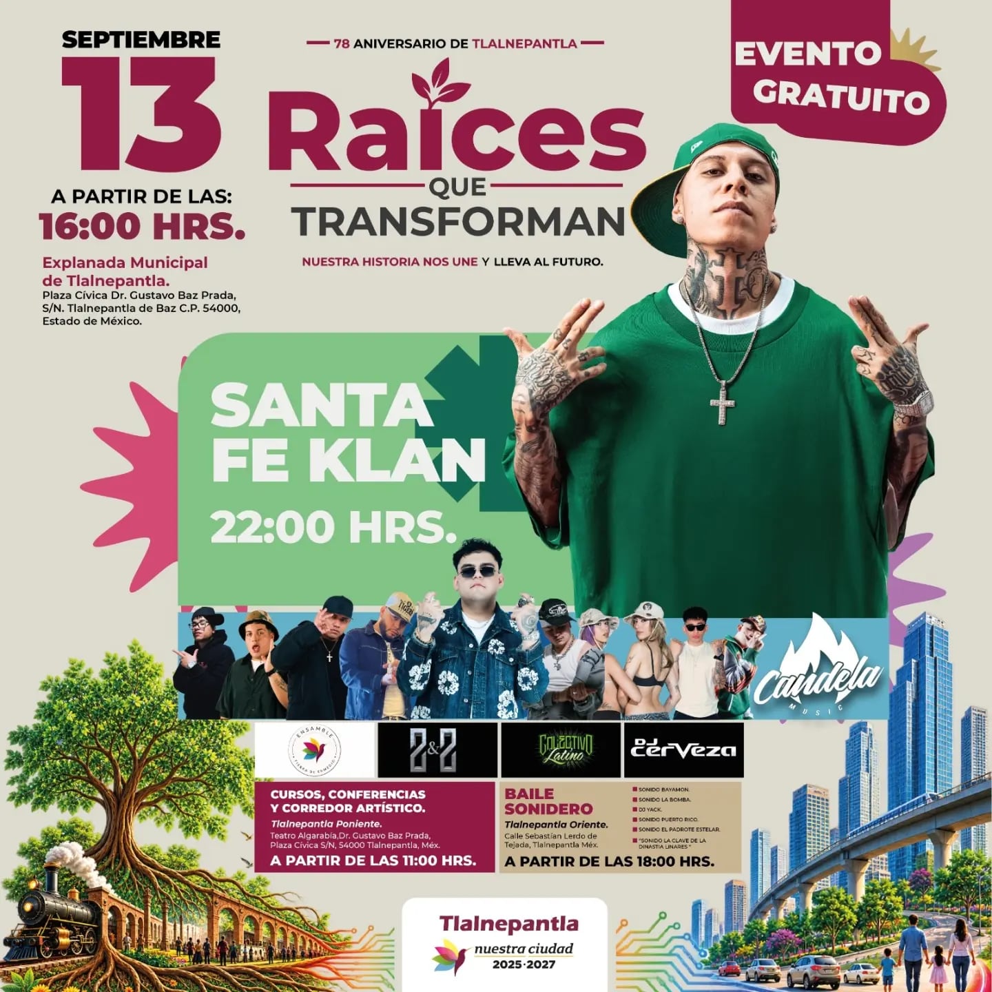 Un póster anuncia el festival Raíces que Transforman el 13 de septiembre en Tlalnepantla, Estado de México, con la presentación de Santa Fe Klan. (Gobierno de Tlanepantla/Redes Sociales)