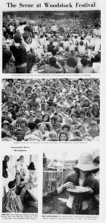 Página de periódico con titular, texto y cuatro fotografías: multitudes de personas, un puesto de primeros auxilios y una mujer comiendo