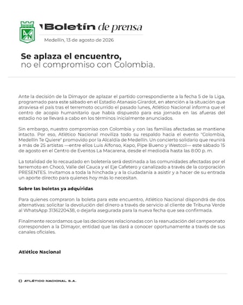 Comunicado oficial de Atlético Nacional sobre lo que pasará con las boletas del partido ante Independiente Santa Fe y su centro de acopio, luego del aplazamiento por parte de la Dimayor - crédito Atlético Nacional