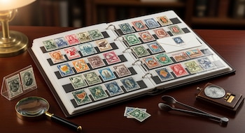 Primer plano de un álbum de sellos abierto con múltiples sellos postales coloridos. Incluye una lupa, pinzas y un medidor de sellos en un escritorio de madera.