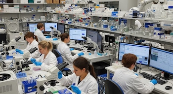 Seis científicos con batas blancas y guantes azules trabajan en un laboratorio con microscopios, computadoras, tubos de ensayo y equipos de laboratorio.