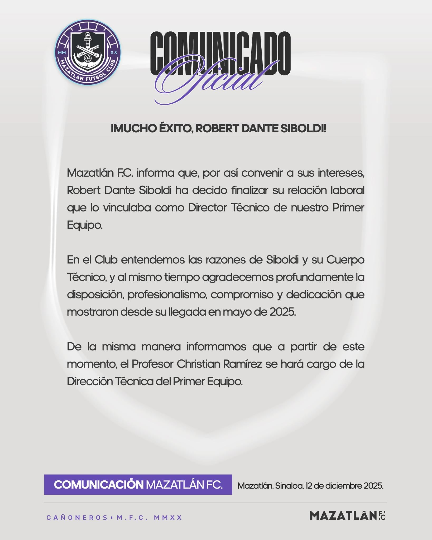 El Mazatlán FC hizo oficial a través de sus redes sociales la renuncia de Robert Dante Siboldi. (X/ @MazatlanFC)