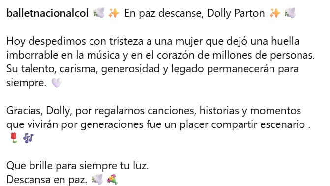 El Ballet Nacional de Sonia Osorio despidió a Parton con un emotivo mensaje en redes sociales, agradeciéndole por su legado y por haber compartido escenario - crédito @balletnacionalcol/ Instagram