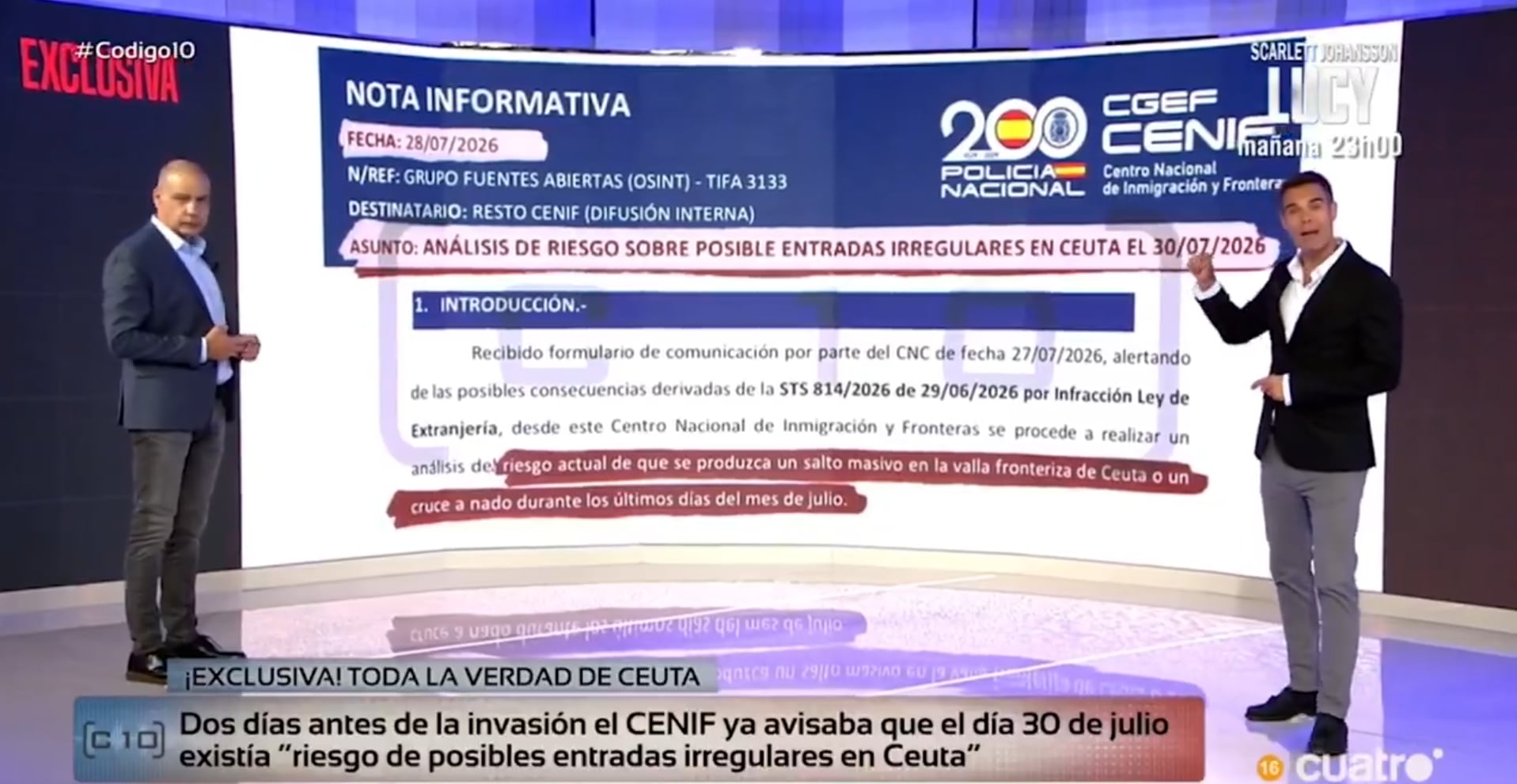 El informe difundido por Código 10 alertaba sobre una posible entrada irregular masiva en Ceuta dos días después (Código10)
