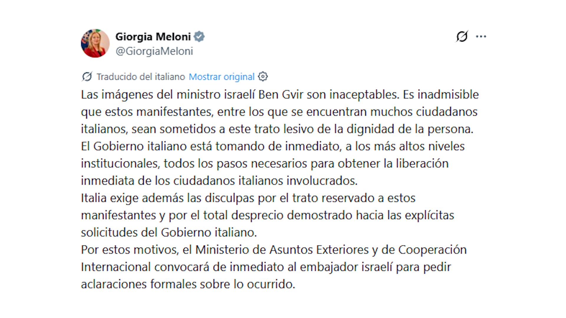 La primera ministra italiana Giorgia Meloni calificó de