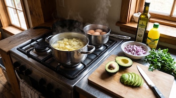 Cocina con dos ollas hirviendo papas y huevos. Una tabla de madera muestra palta cortada y un cuchillo. Hay cebolla morada, perejil, aceite y limón.