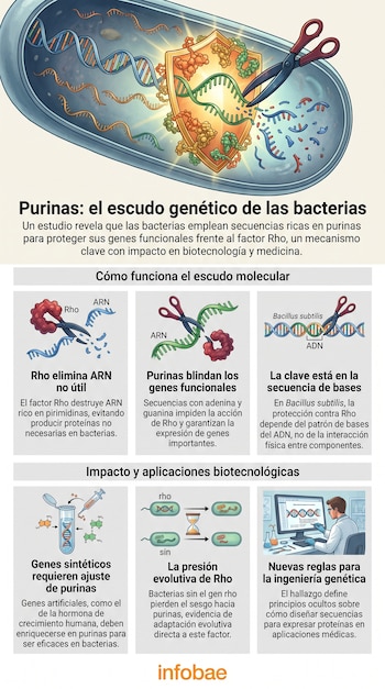 Infografía sobre purinas como escudo genético bacteriano, mostrando mecanismos moleculares, ADN, ARN, factor Rho, bacterias y un científico en laboratorio.