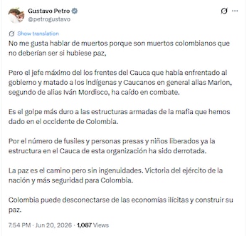 Mensagem de Gustavo Petro após relatos do acidente do pseudônimo Marlon - crédito @petrogustavo/X