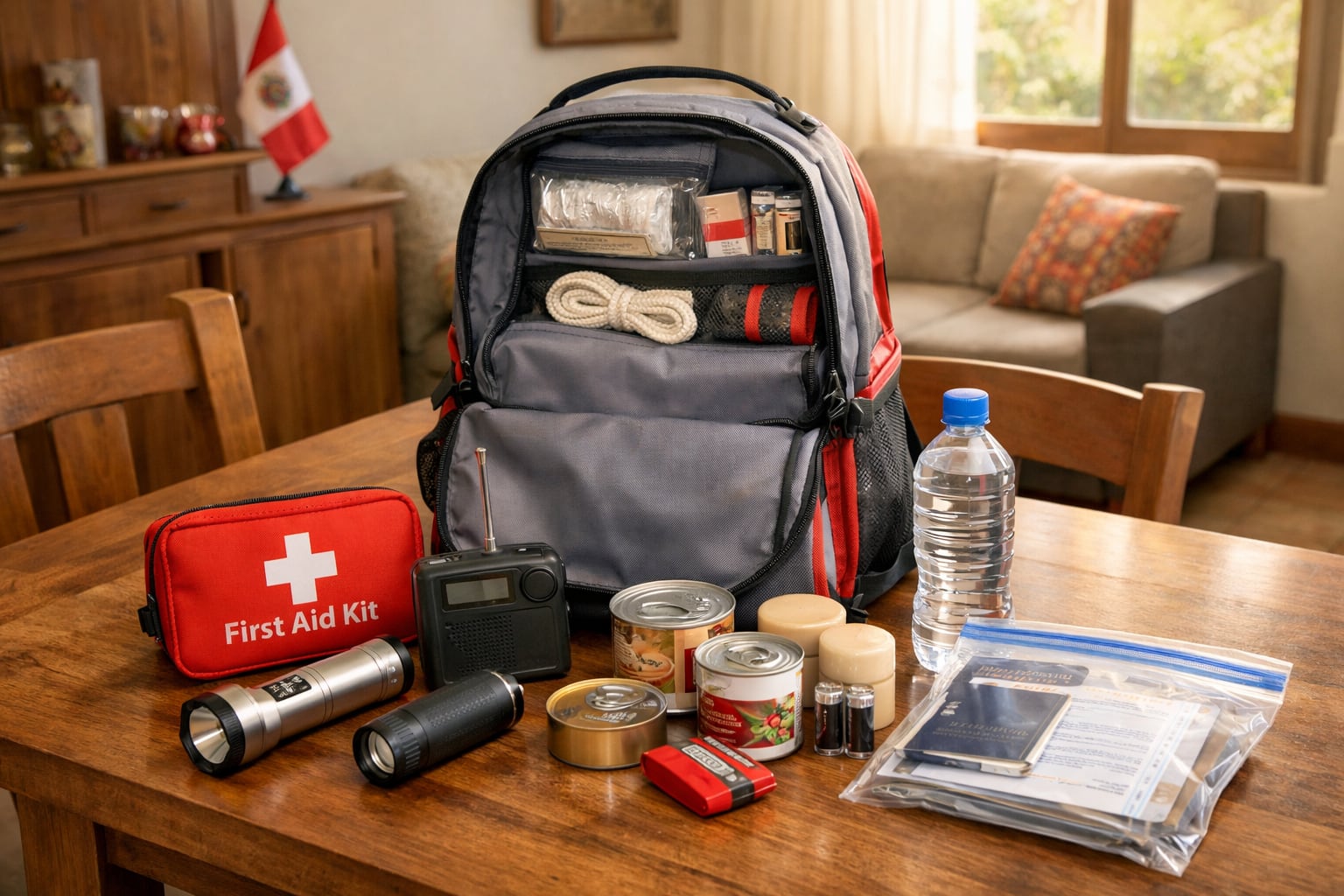 Una mochila de emergencia abierta sobre una mesa de comedor en un hogar peruano muestra los elementos esenciales para afrontar contingencias. (Imagen Ilustrativa Infobae)
