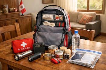 Mochila de emergencia abierta sobre una mesa de madera con botiquín, dos linternas, radio, botella de agua, latas de comida, documentos y bandera de Perú.