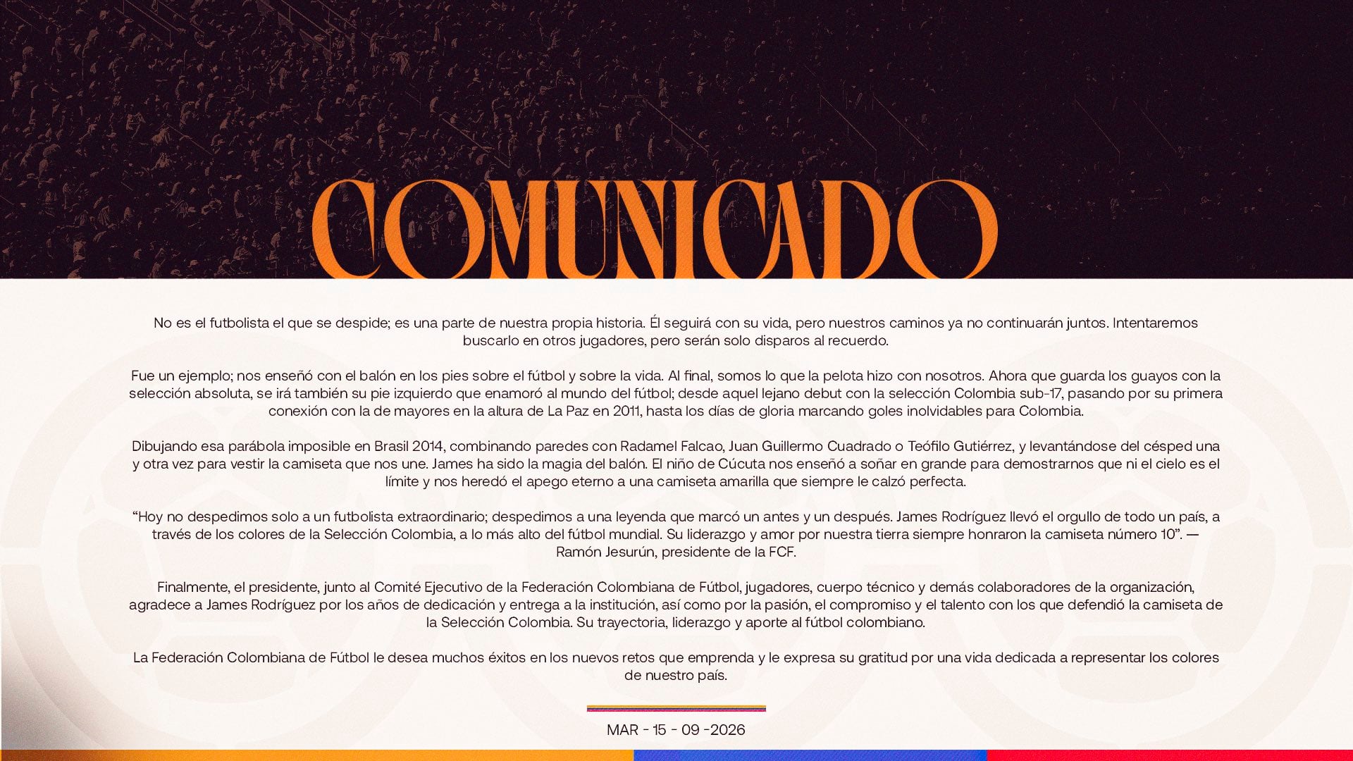 El comunicado de la Federación Colombiana de Fútbol despidiendo a James Rodríguez - crédito FCF