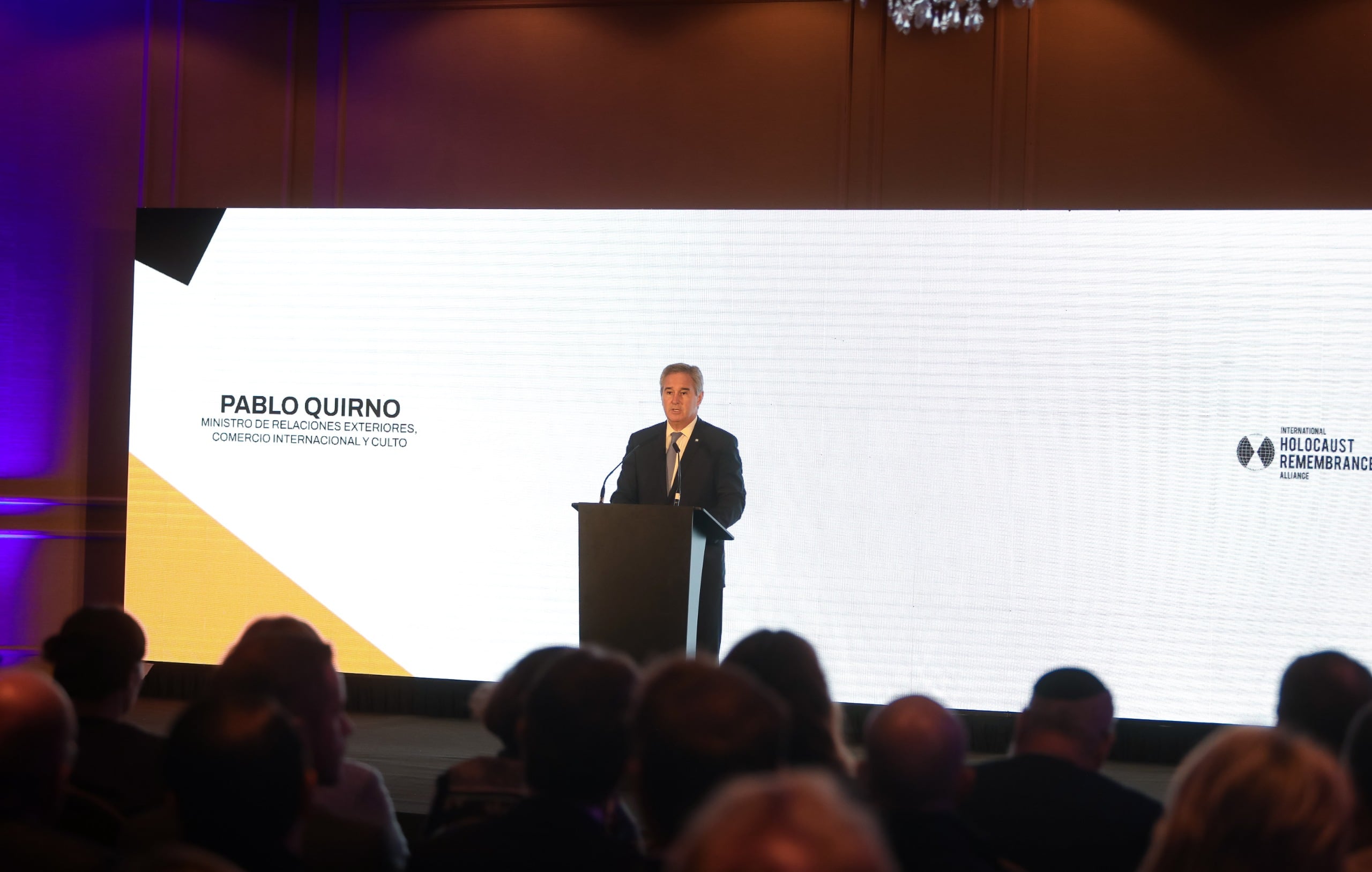 Pablo Quirno, Ministro de Relaciones Exteriores, Comercio Internacional y Culto, durante una audiencia de la Alianza Internacional para el Recuerdo del Holocausto (Prensa Cancillería)