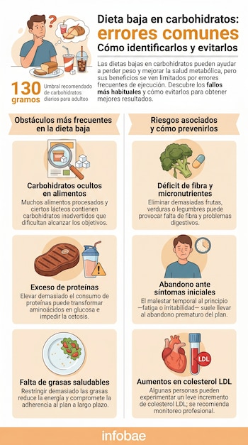 Infografía que ilustra los errores comunes en dietas bajas en carbohidratos, mostrando un hombre pensativo, el umbral de 130 gramos y gráficos de obstáculos y riesgos.
