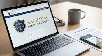 Laptop abierta con el sitio web de Nacional Monte de Piedad, un contrato de empeño impreso y un teléfono móvil mostrando una confirmación de pago.