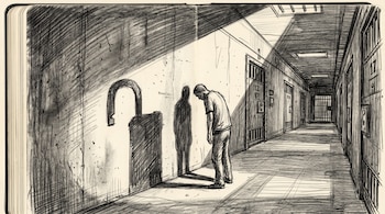 Dibujo a lápiz de un hombre de pie frente a una pared en el pasillo de una cárcel con puertas numeradas y la sombra de un candado.