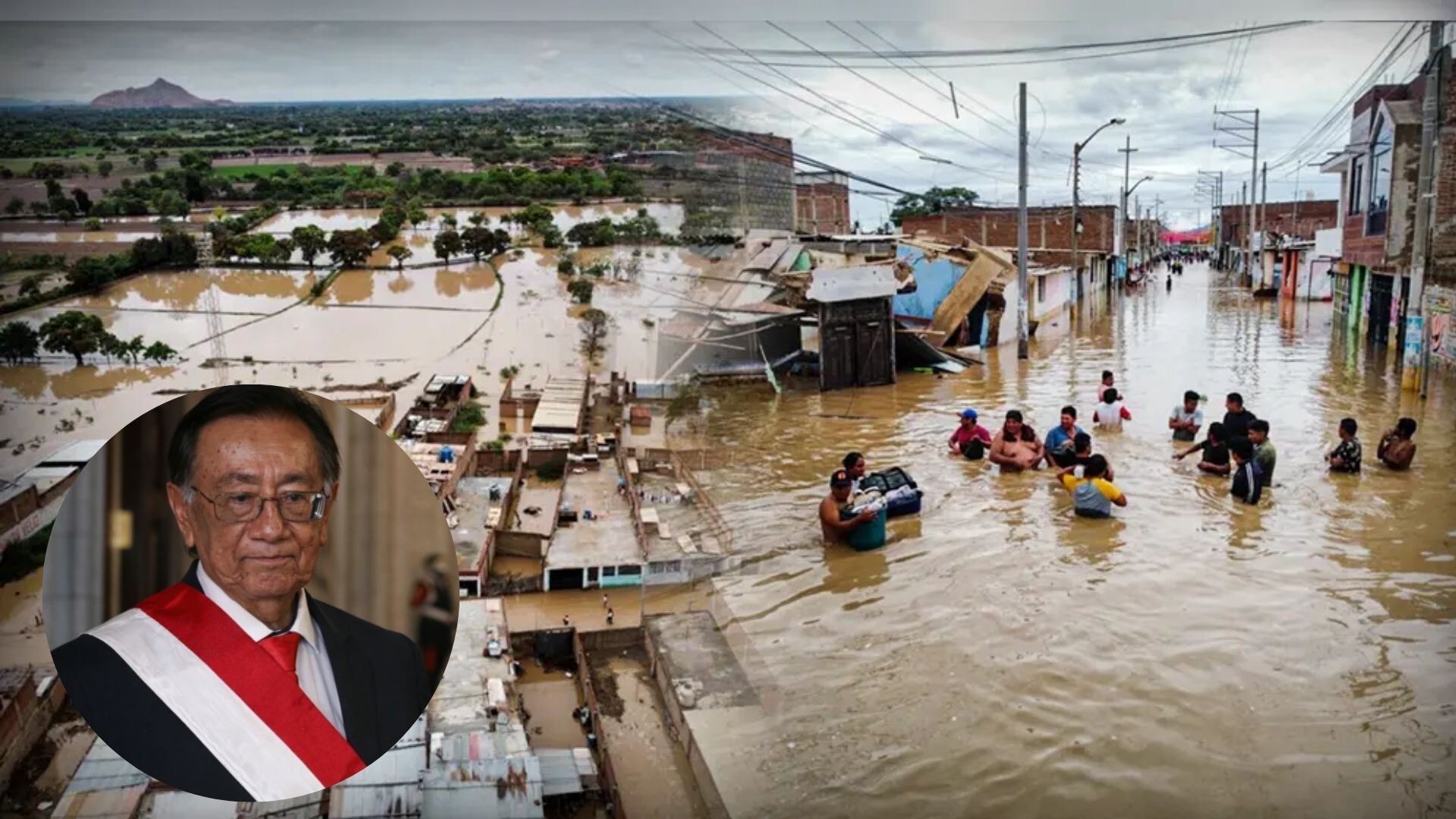 Habitantes de Tumbes transitan por calles inundadas por las crecidas del fenómeno El Niño, junto al retrato del presidente de Perú, José María Balcázar (Andina)
