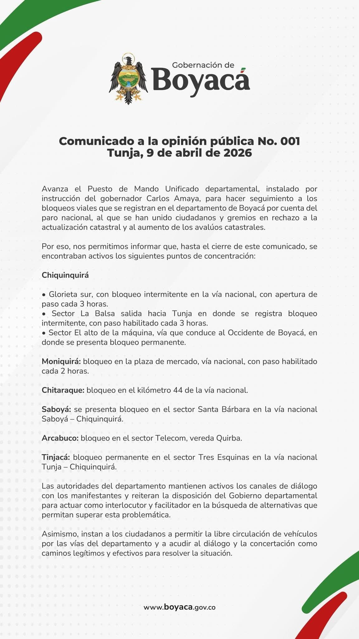 Balance de la Gobernación de Boyacá sobre la jornada de paros del 9 de abril - crédito Gobernación de Boyacá