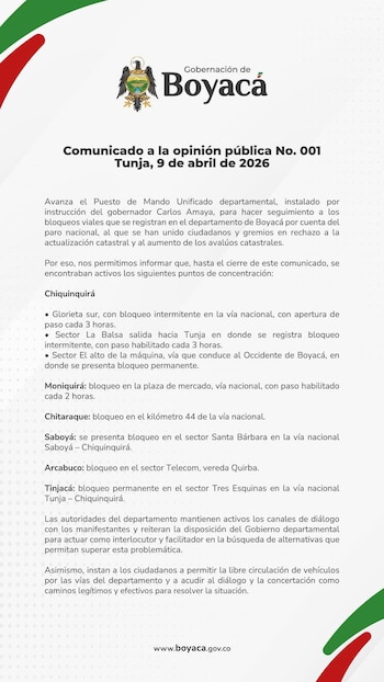 Balance de la Gobernación de Boyacá sobre la jornada de paros del 9 de abril - crédito Gobernación de Boyacá