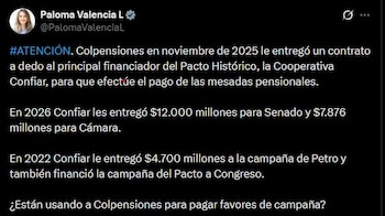 Paloma Valencia advirtió sobre un posible conflicto de intereses en la adjudicación del contrato para el pago de mesadas pensionales - crédito Paloma Valencia/X
