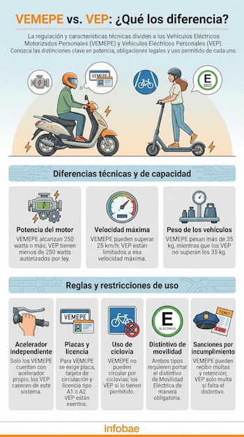 Infografía con ilustraciones comparando un motociclista en VEMEPE y una persona en patinete VEP, detallando diferencias técnicas y regulaciones de uso.