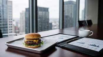 Una hamburguesa sobre una bandeja, una carpeta abierta con gráficos, un bolígrafo y una taza humeante sobre una mesa de madera frente a ventanales.