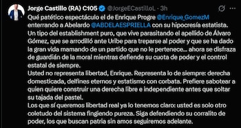El excandidato a la Cámara Jorge Castillo criticó a Gómez, acusándolo de formar parte del establishment y de usar un discurso de renovación como fachada para mantener cuotas de poder - crédito Jorge Castillo/X
