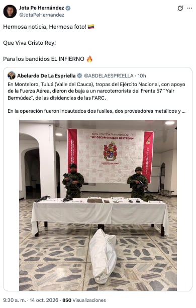 Con este mensaje en X, el senador de Alianza Verde Jota Pe Hernández apoyó iniciativa del presidente Abelardo de la Espriella contra las disidencias y otros grupos armados - crédito @JotaPeHernandez/X