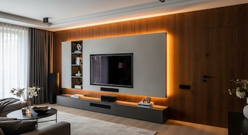 Un salón moderno con una pared multimedia de madera oscura y microcemento gris, que incluye un televisor grande, estantes empotrados, un mueble bajo y tiras de luz cálida.