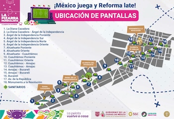 Mapa de la Ciudad de México con dieciocho ubicaciones numeradas para pantallas gigantes y sanitarios, incluyendo texto con lista detallada y logotipos oficiales
