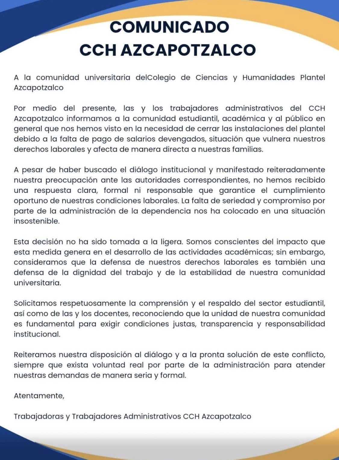 Trabajadores administrativos del CCH Azcapotzalco cierran instalaciones del plantel en protesta por el impago de sus salarios, exigiendo diálogo y soluciones a la UNAM (CCH Azcapotzalco)