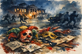 Ilustración con máscaras, disfraces, papeles y manchas de sangre en primer plano. Estudiantes huyen de soldados y un vehículo militar frente a una universidad con ventanas rotas.